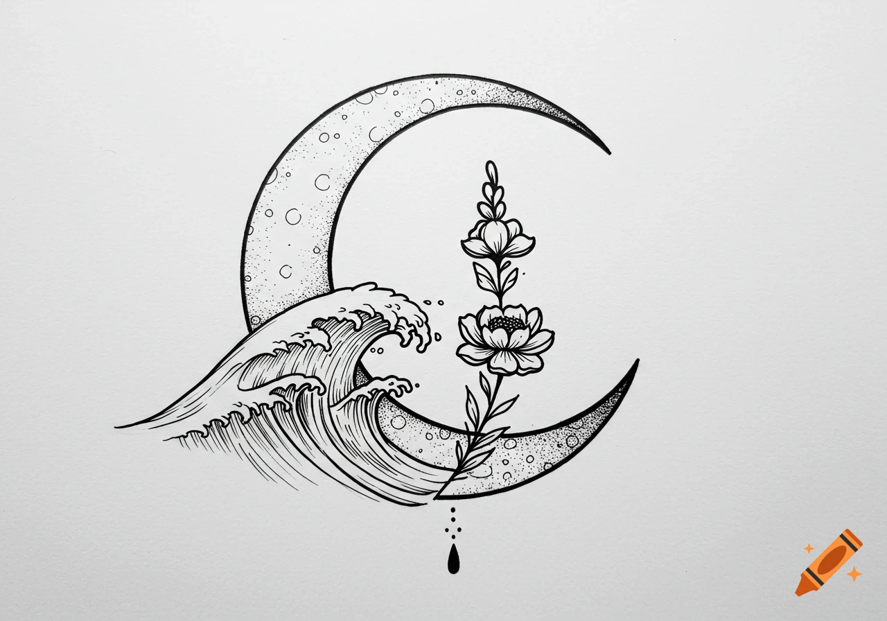 Black and white sketch of a crescent moon, an ocean wave, and flowers.