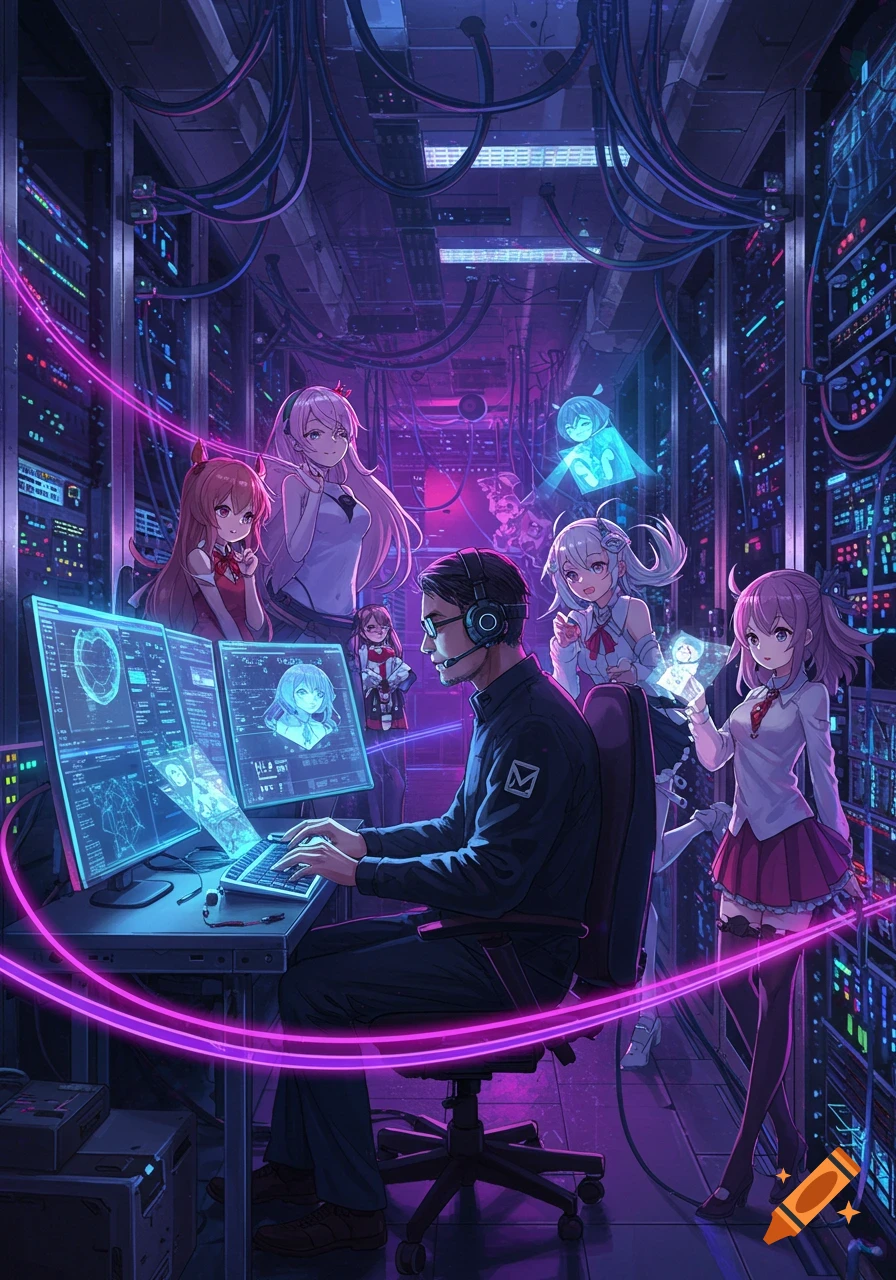 Anime-style illustration of a system administrator working at a glowing computer in a futuristic server room, surrounded by several anime girls.