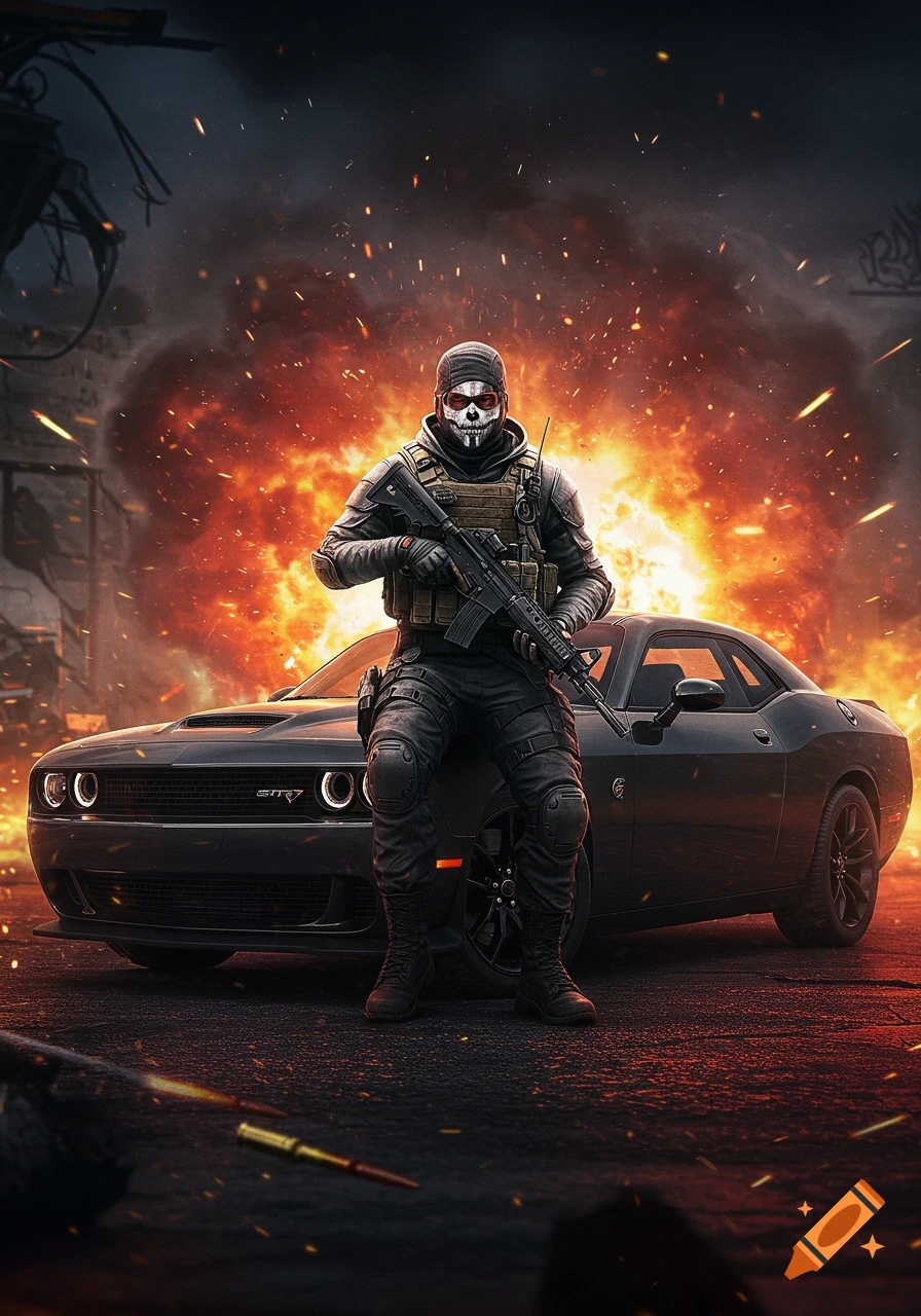 A soldier in a skull mask and tactical gear leans on a black Dodge Challenger in front of a dramatic explosion, bullet casings on the ground.