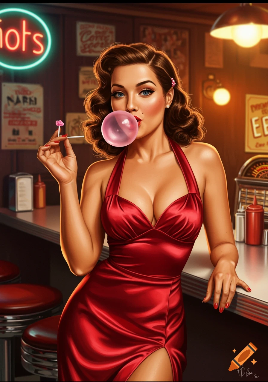 A pin-up woman in a red dress blows a pink bubblegum bubble in a retro diner setting, holding a lollipop.