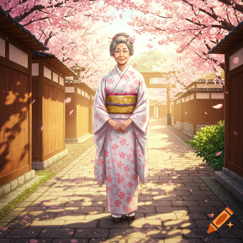 An elderly Japanese woman in a white kimono with pink floral patterns stands on a stone path under blooming cherry blossom trees.