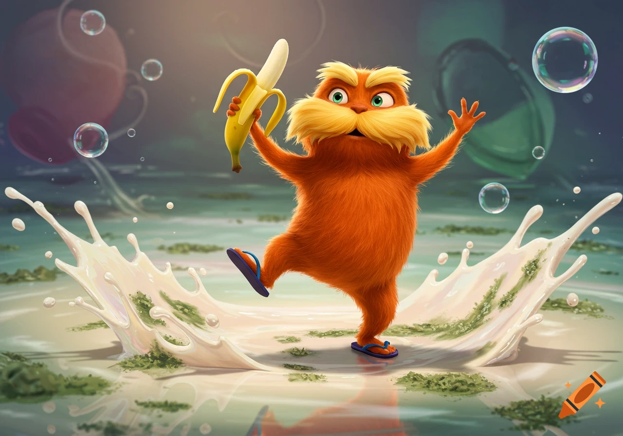 An orange, furry Lorax-like character dances in a milky splash, holding a peeled banana and wearing flip-flops.