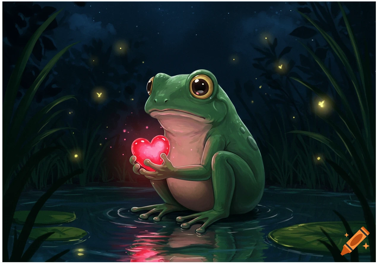 Anime illustration of a green frog sitting in a pond at night, holding a glowing red heart, with fireflies.