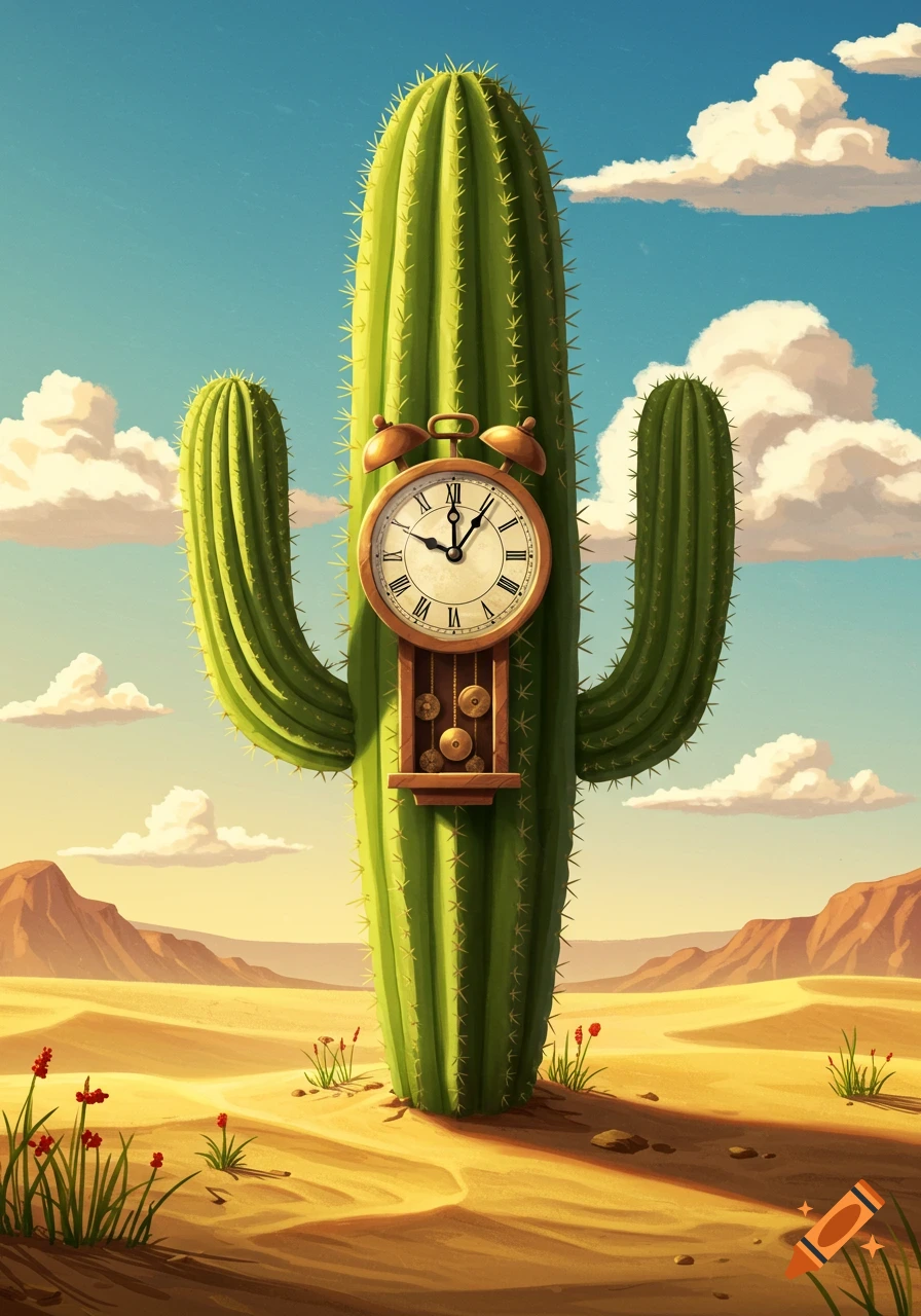 Surreal illustration of a saguaro cactus in a desert with an alarm clock embedded in its center.