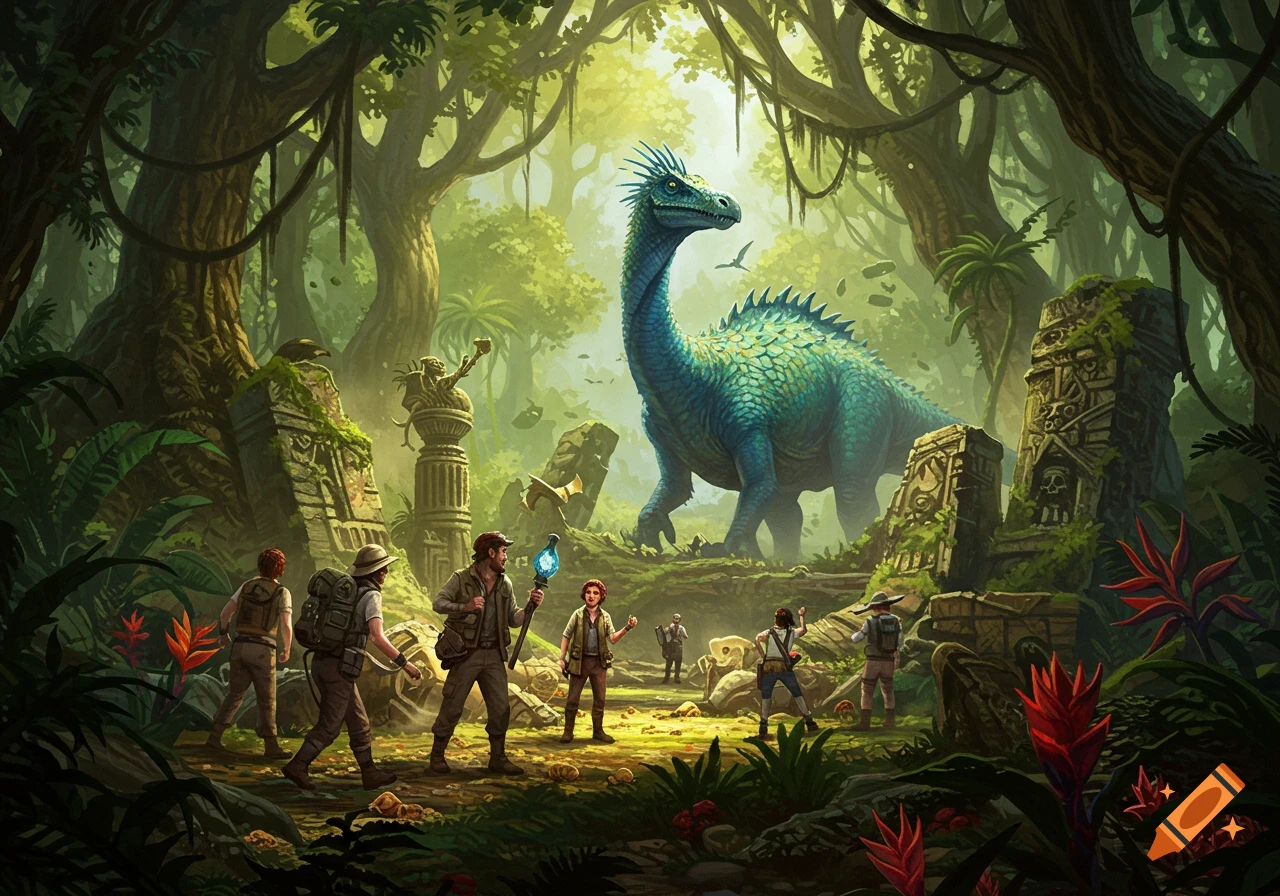 Adventurers explore a lush jungle with ancient ruins and a large blue-green dinosaur, in a fantasy art style.