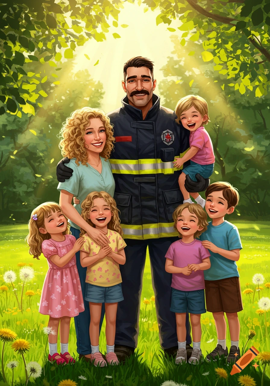 A happy family, with a firefighter father, curly blonde mother, and four smiling children, standing in a sunny park with green grass and dandelions.