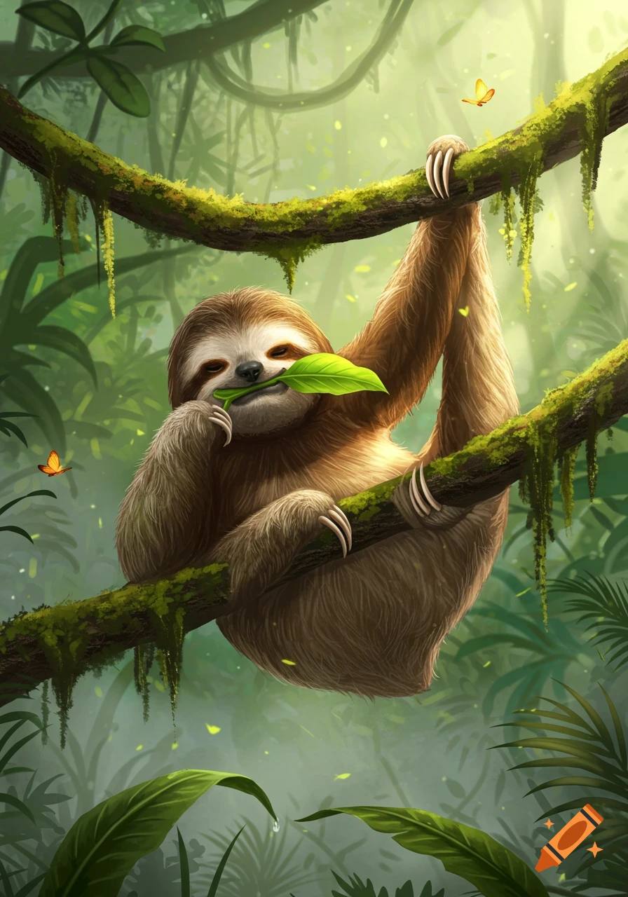 A sloth hangs from a mossy branch in a vibrant jungle, happily eating a green leaf.