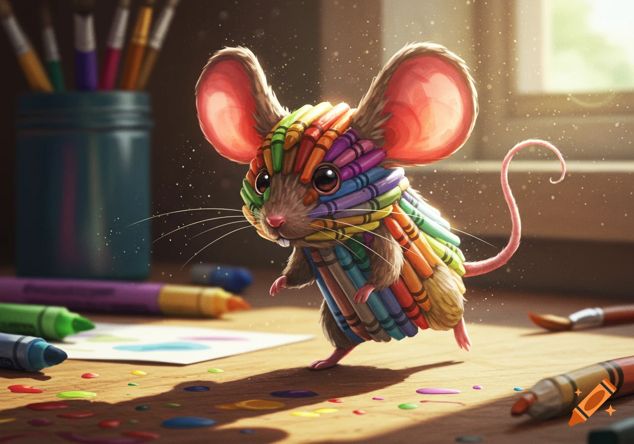 A cute mouse made of colorful crayons stands on a wooden desk with art supplies and spilled paint, in a whimsical, illustrative style.