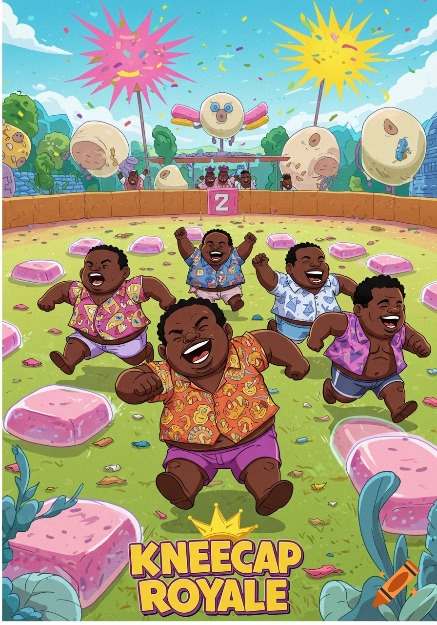Colorful cartoon of joyful, round men running in a festive arena with 'KNEECAP ROYALE' text.