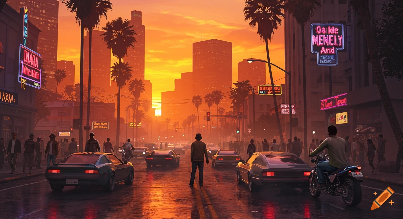 A bustling city street at sunset, with palm trees, neon signs, classic cars, a motorcycle, and pedestrians. The sky is a vivid orange and yellow.