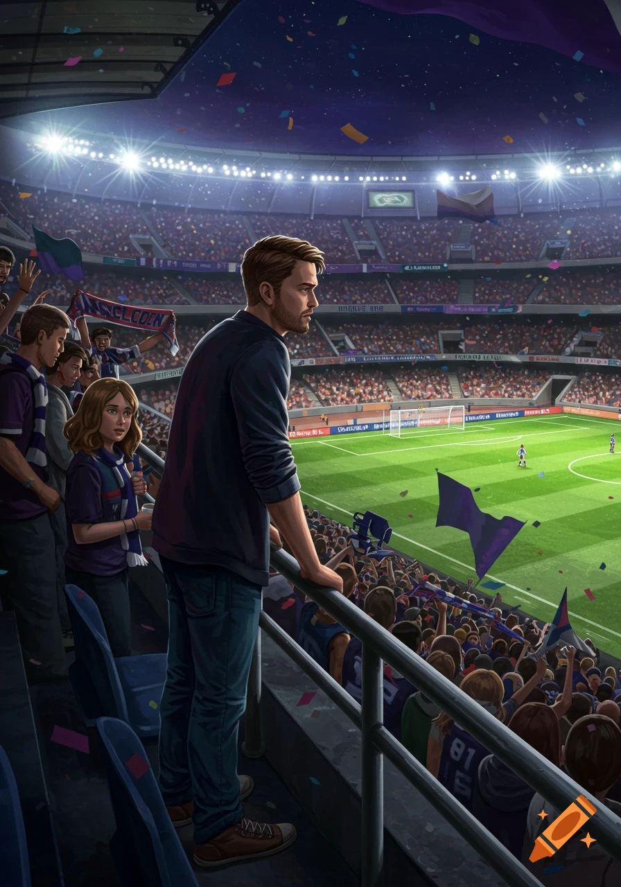 An illustration of a man and a girl in a soccer stadium at night, looking at the field from the stands.