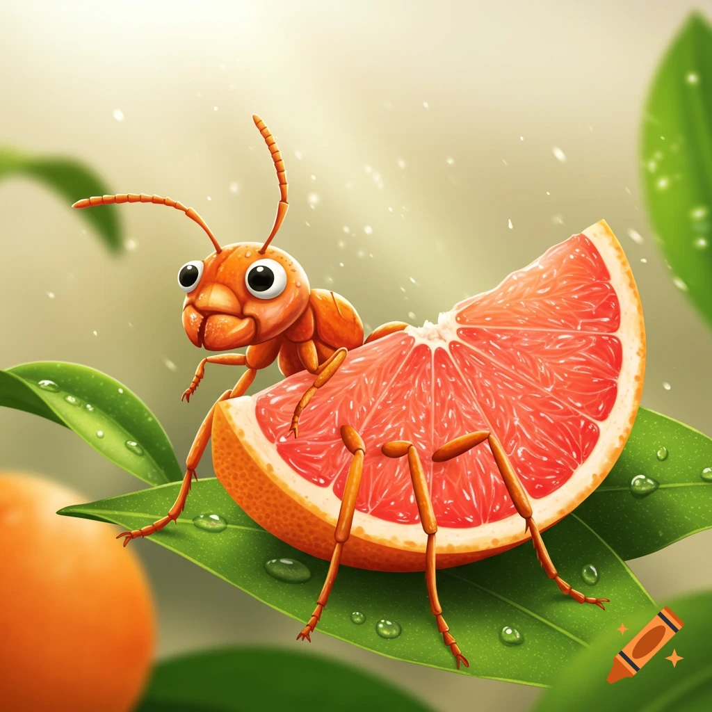 A cute, cartoon ant with big eyes sits on a fresh slice of grapefruit, surrounded by green leaves with water droplets.