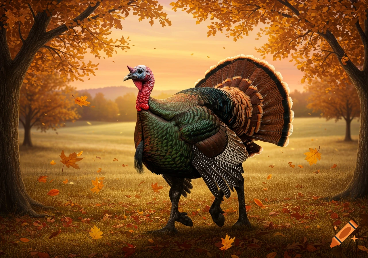 A vibrant wild turkey with iridescent feathers stands in an autumn field under trees with golden leaves, with more leaves falling around it. The sky is a warm sunset orange.