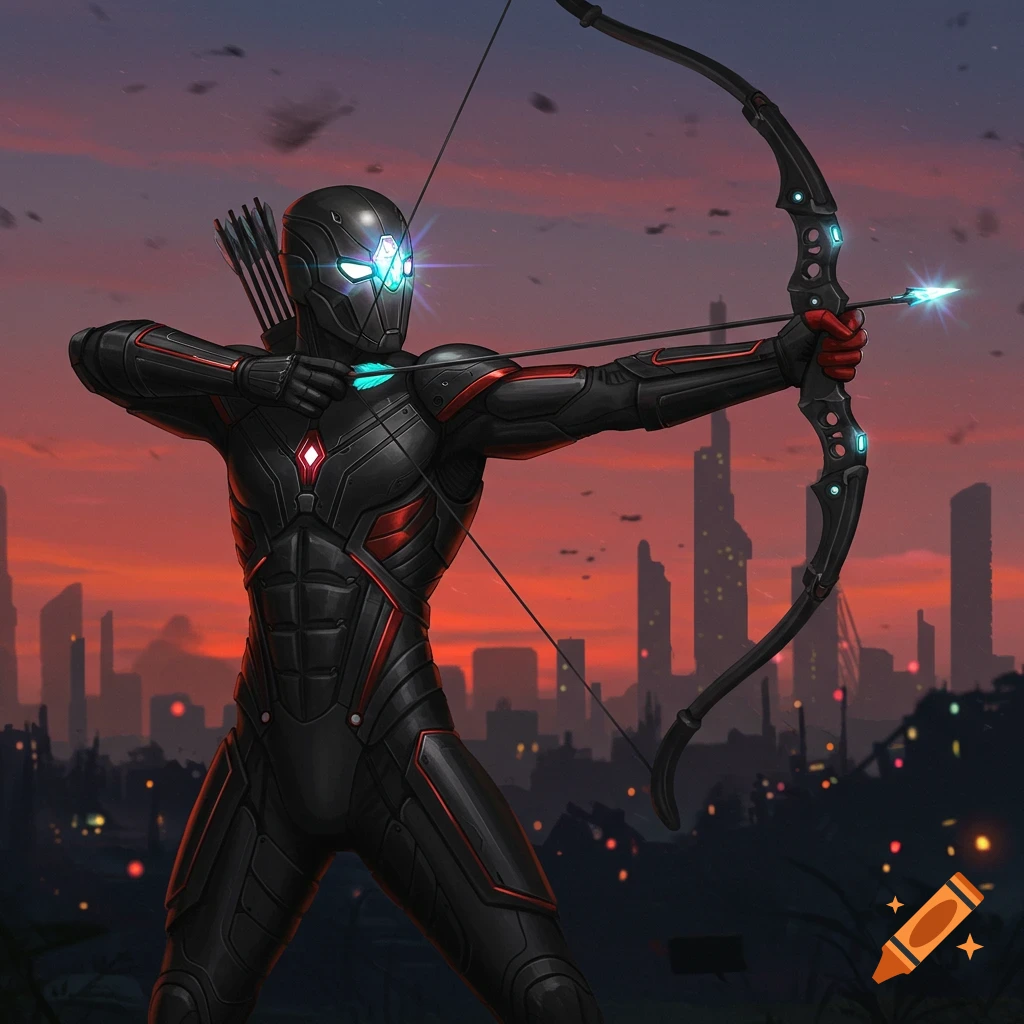 A futuristic armored hero in a black and red suit aims a glowing bow and arrow against a cyberpunk cityscape at sunset.