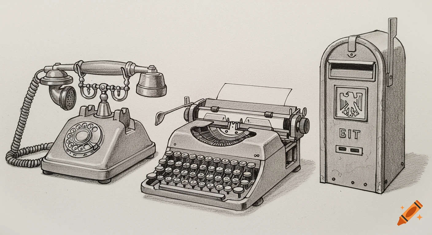 A pencil drawing of a rotary telephone, a typewriter, and a mailbox with an eagle emblem, rendered in a detailed, three-dimensional style.