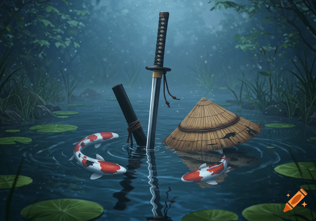 A katana and scabbard stand in a pond with lily pads, a straw hat, and red and white koi fish, with foliage in the background. Digital art.