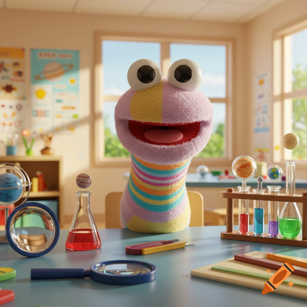 A smiling, multi-colored sock puppet in a sunny classroom with science education props like test tubes, beakers, and planetary models.