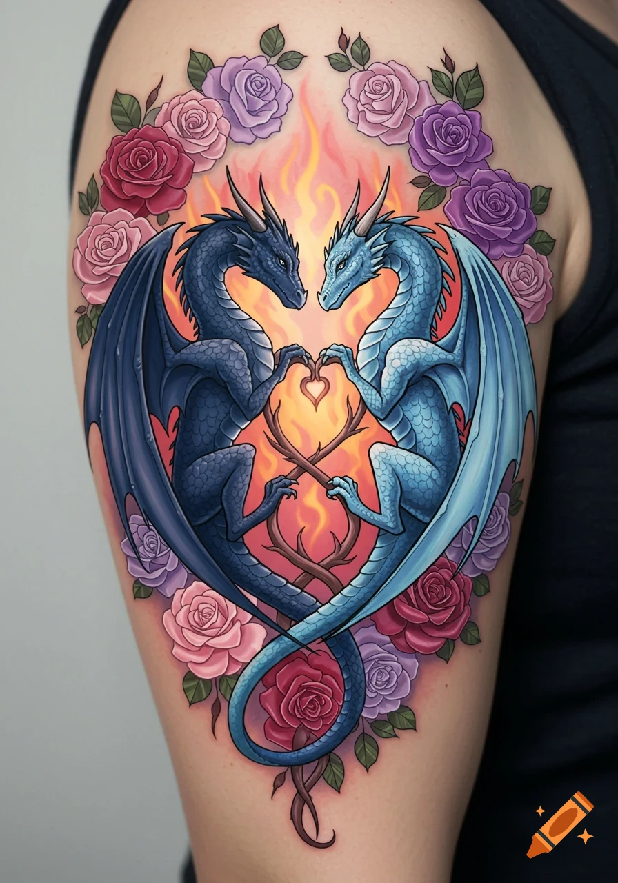 Stylized tattoo art of two blue dragons forming a heart with their hands, surrounded by colorful roses and flames.