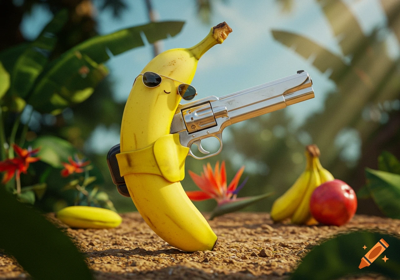 A cool banana character in sunglasses holds a silver revolver in a tropical setting, with other fruits in the background.