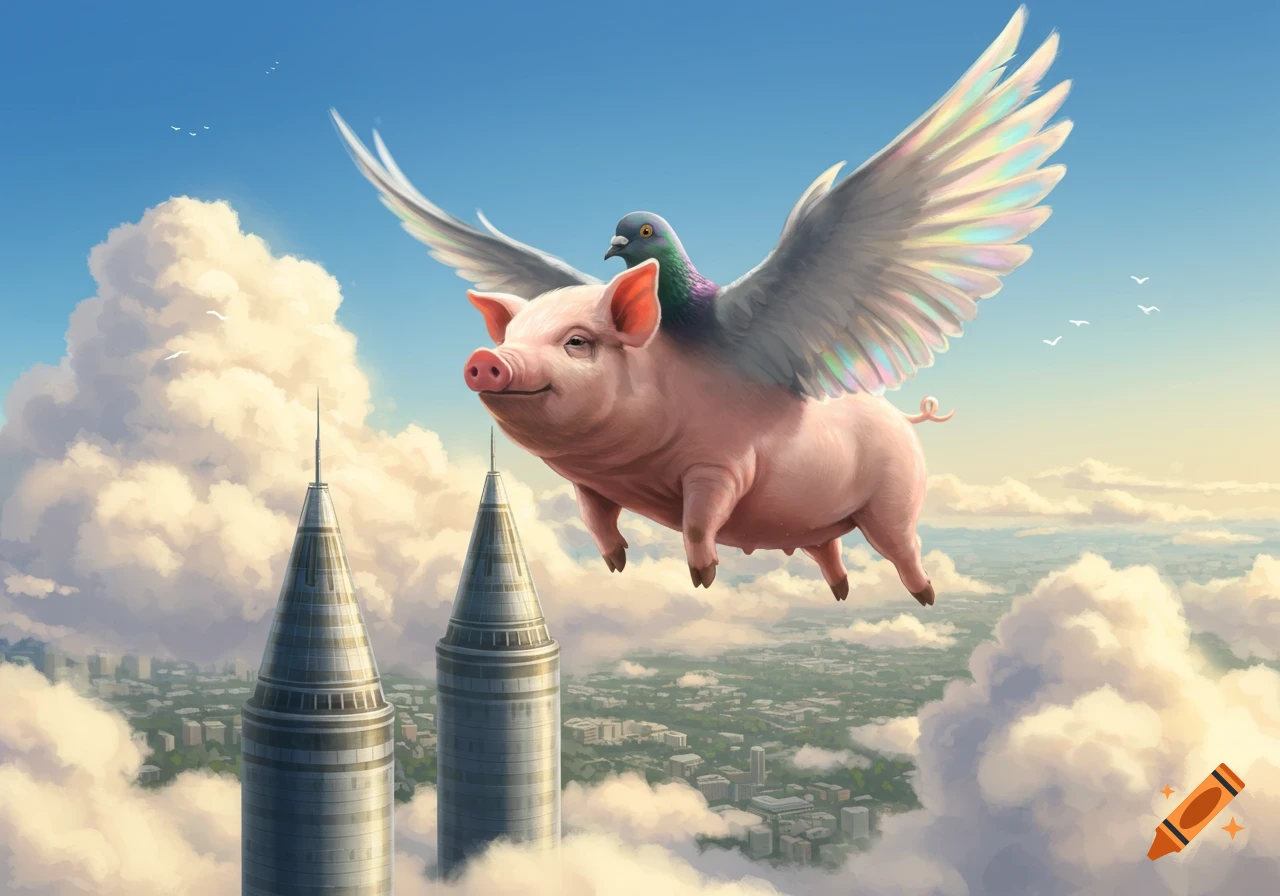 A whimsical winged pig with a pigeon on its back flies over a modern city with two tall skyscrapers and fluffy clouds against a blue sky, digital art.