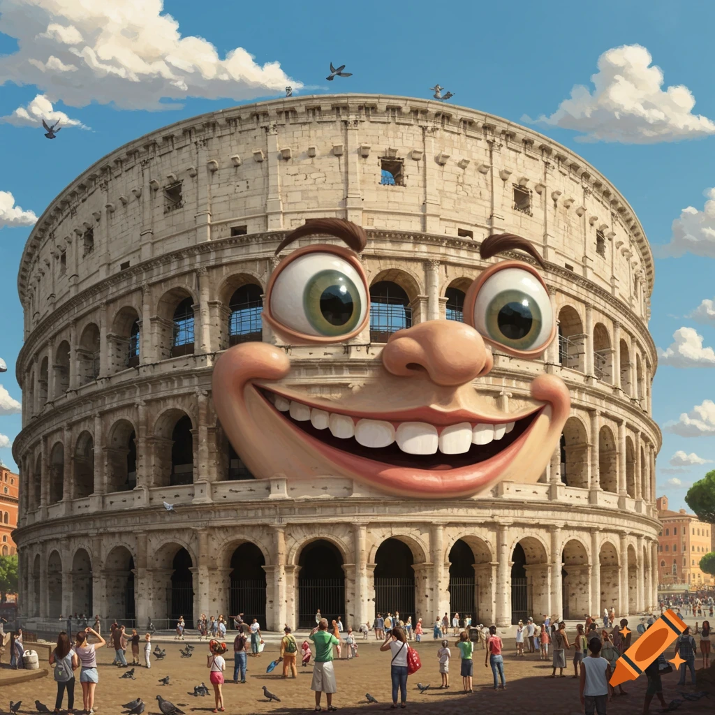 A cartoonish giant happy face is superimposed on the front of the ancient Roman Colosseum, with tourists milling around below.