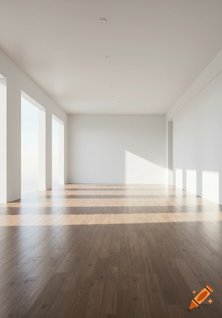 Bright, empty minimalist room with white walls, wooden floor, and sunlight casting shadows.