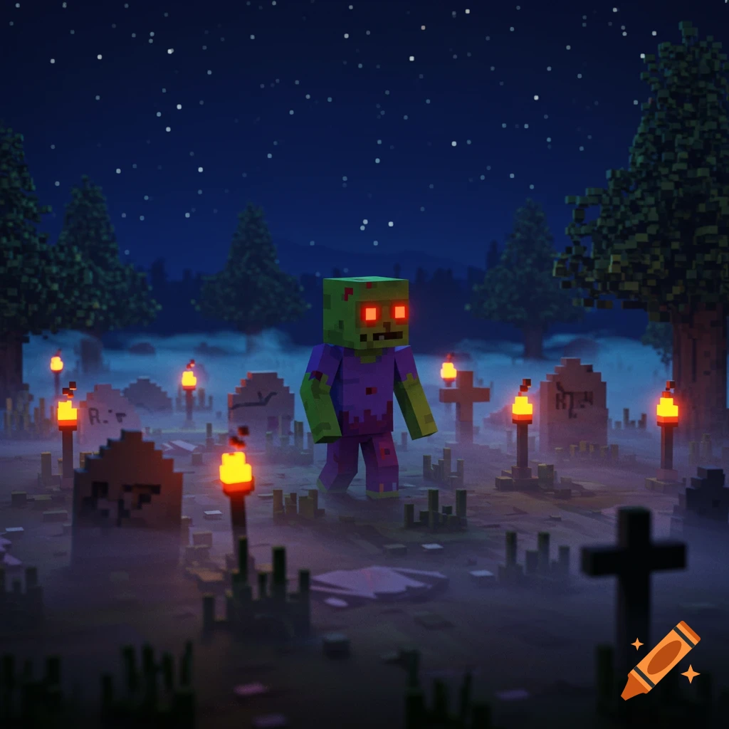 A pixel art zombie with glowing red eyes walks through a foggy graveyard at night, lit by several torches under a starry sky.