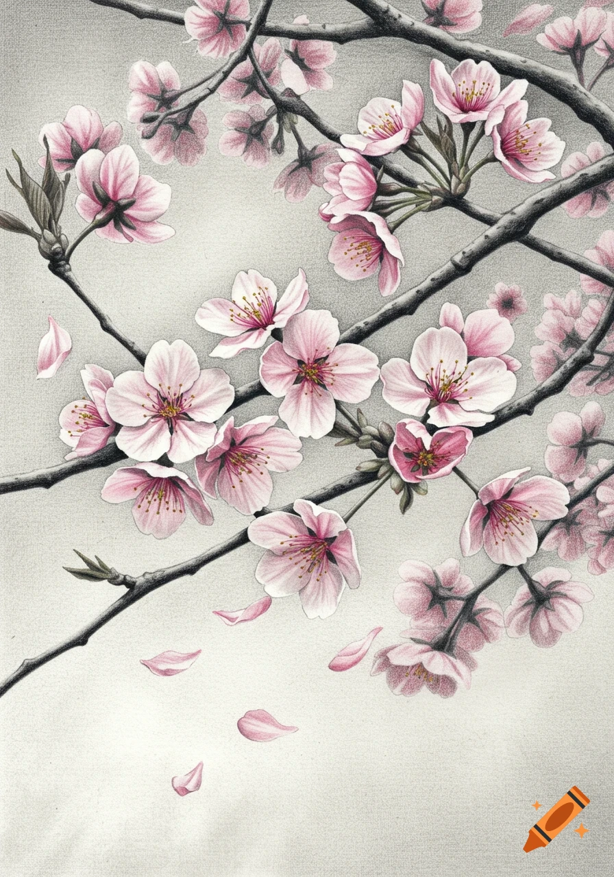A detailed pencil drawing of pink cherry blossoms on dark branches against a light grey background.