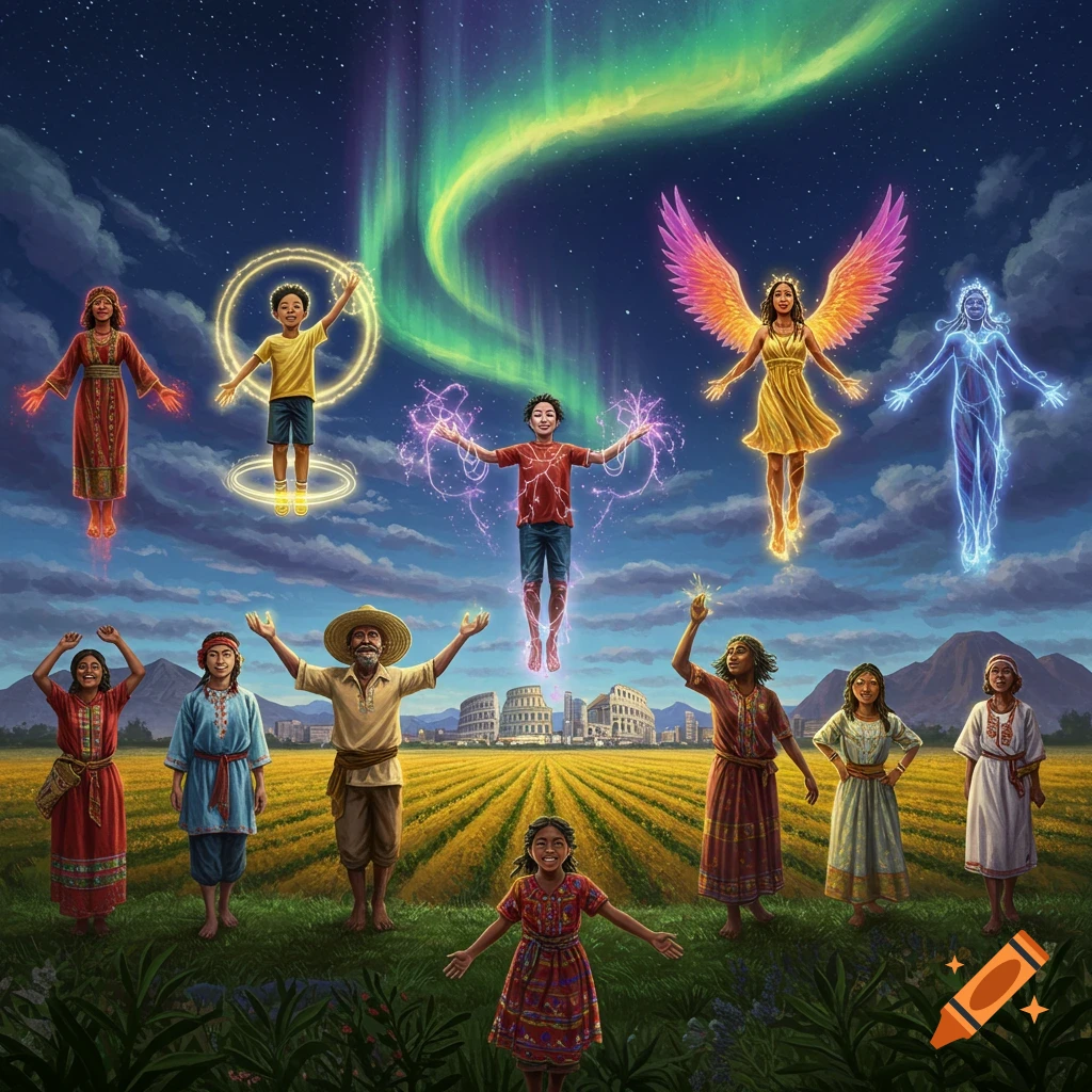 Vibrant illustration of diverse people gaining superpowers, some glowing or flying, under an aurora sky with fields and ancient ruins.