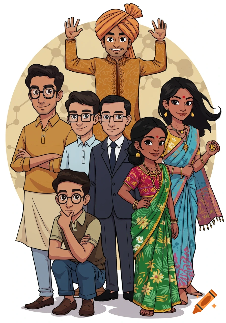 A vibrant cartoon illustration of seven diverse people, including men and women in traditional and formal attire, posing together.