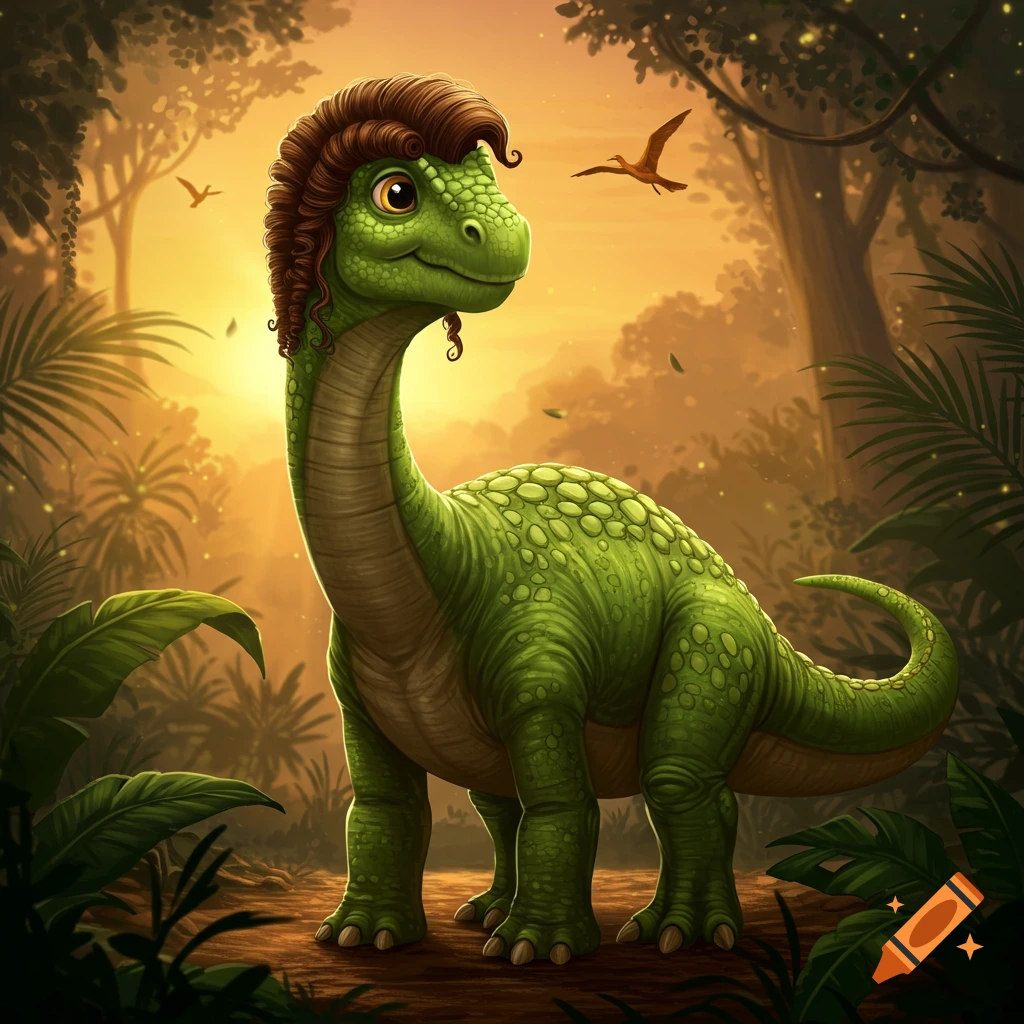 A cute green dinosaur with curly brown hair stands in a lush, golden jungle at sunset. Cartoon style.