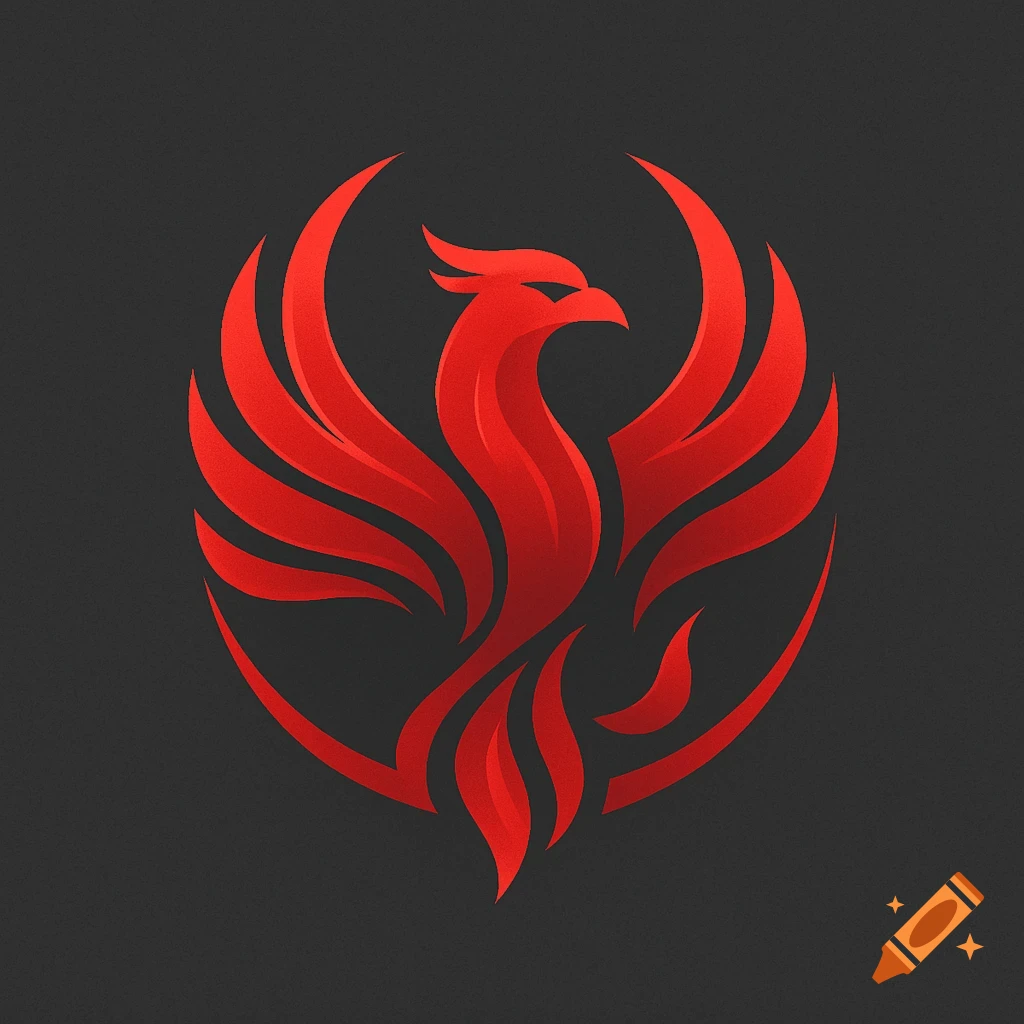 Stylized red phoenix logo with outstretched wings on a dark gray background.