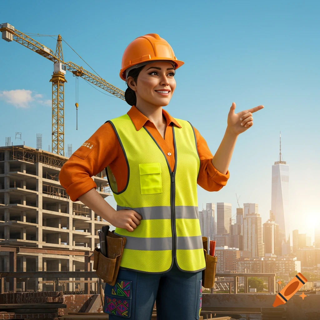 A smiling Mexican female construction worker in a hard hat and safety vest points right at a construction site with a city skyline.