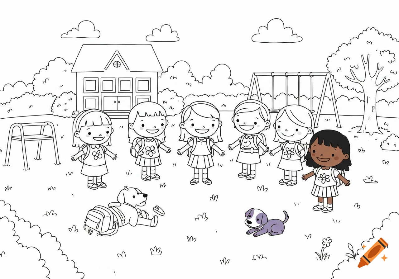 A black and white coloring book illustration of six smiling girls with backpacks in a schoolyard with a school, playground, and two dogs.