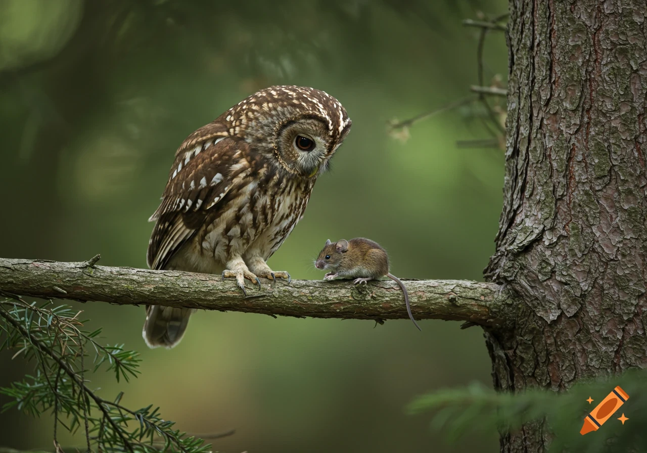 A photorealistic tawny owl and a mouse sit on a pine branch in a forest, looking at each other.