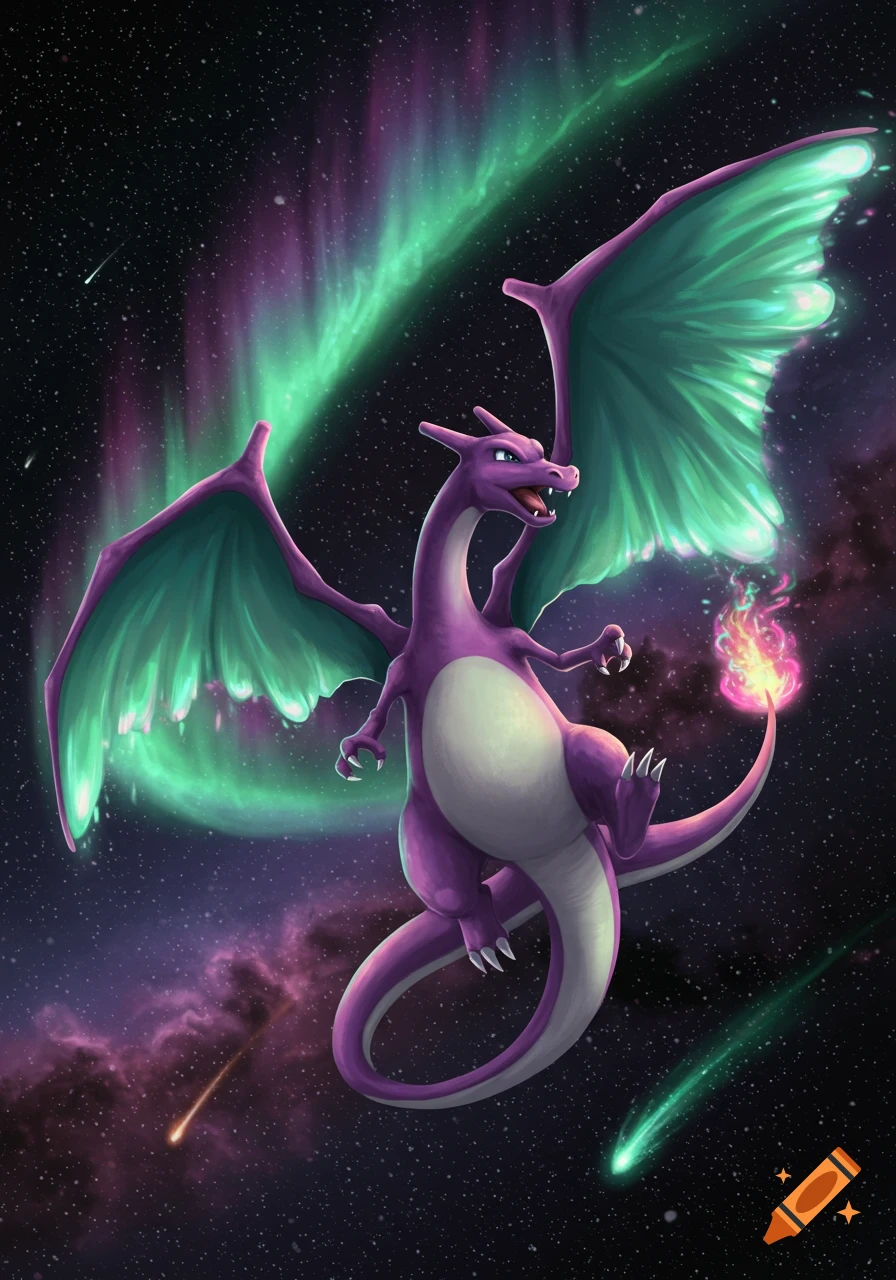 Purple Charizard with glowing green wings soaring through a starry space with colorful aurora and shooting stars, in a vibrant fantasy art style.