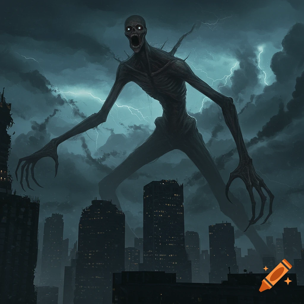 A giant skeletal monster with glowing eyes towers over a dark, stormy city skyline with lightning.