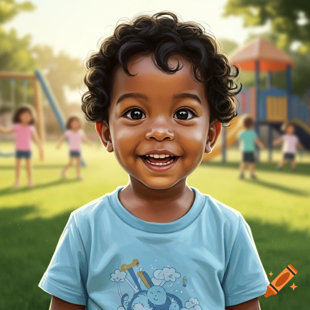 A cute smiling Black boy with curly hair in a blue shirt in a sunny playground.