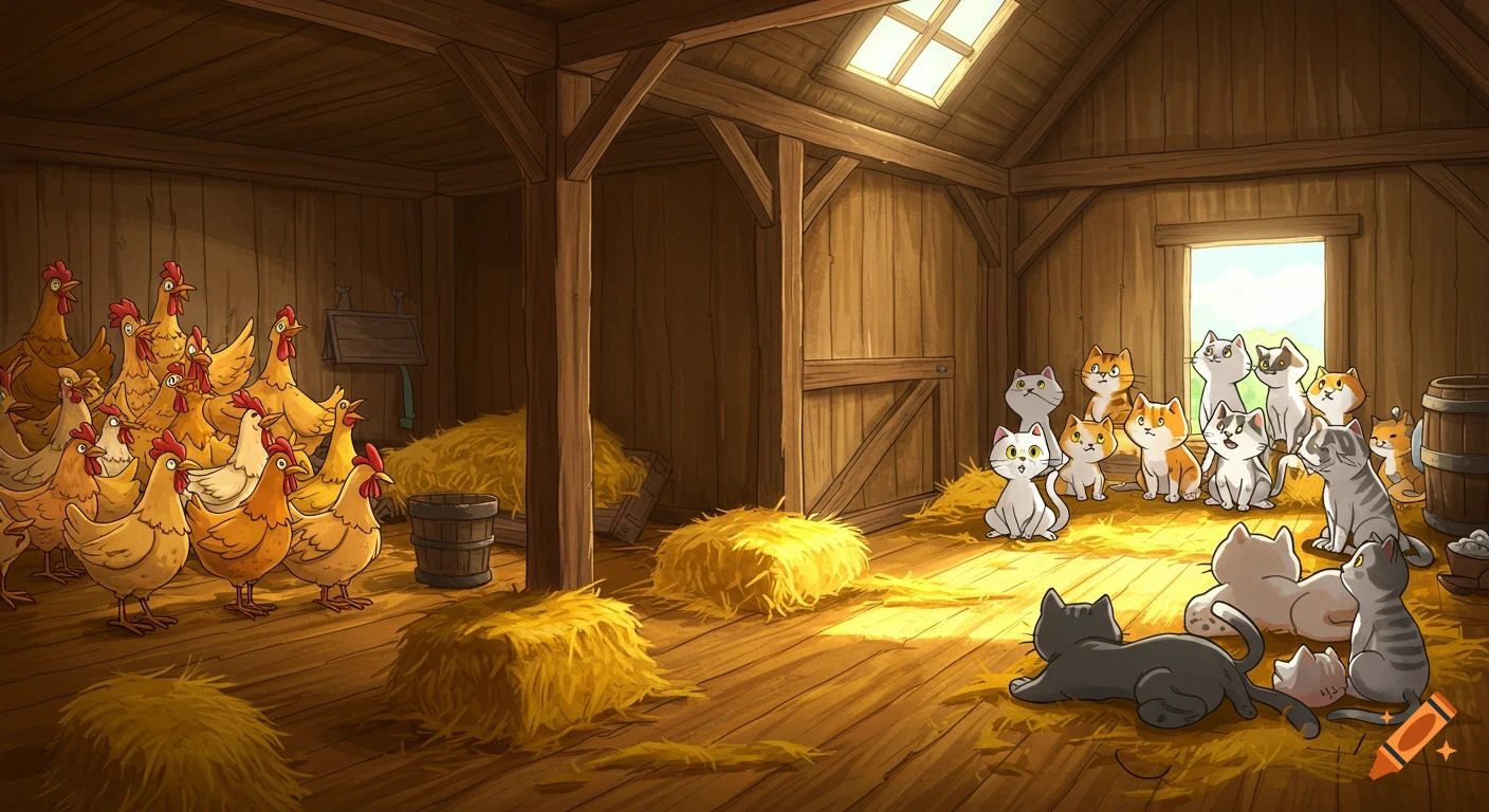 Cartoon illustration of many chickens clucking and cats lounging in a rustic wooden barn with hay and warm light.