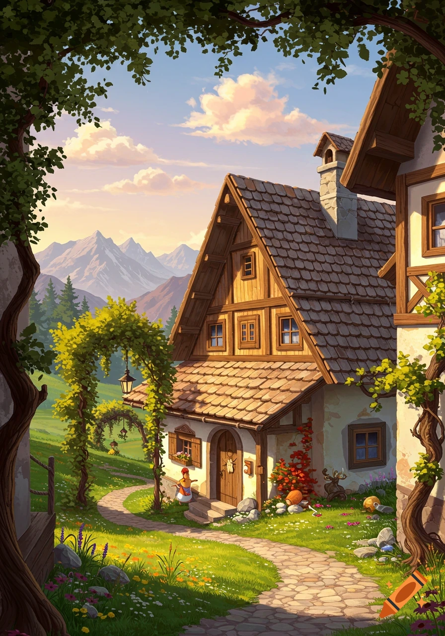 Stylized illustration of a cozy, shingled cottage nestled in a vibrant green valley with mountains and a winding path.