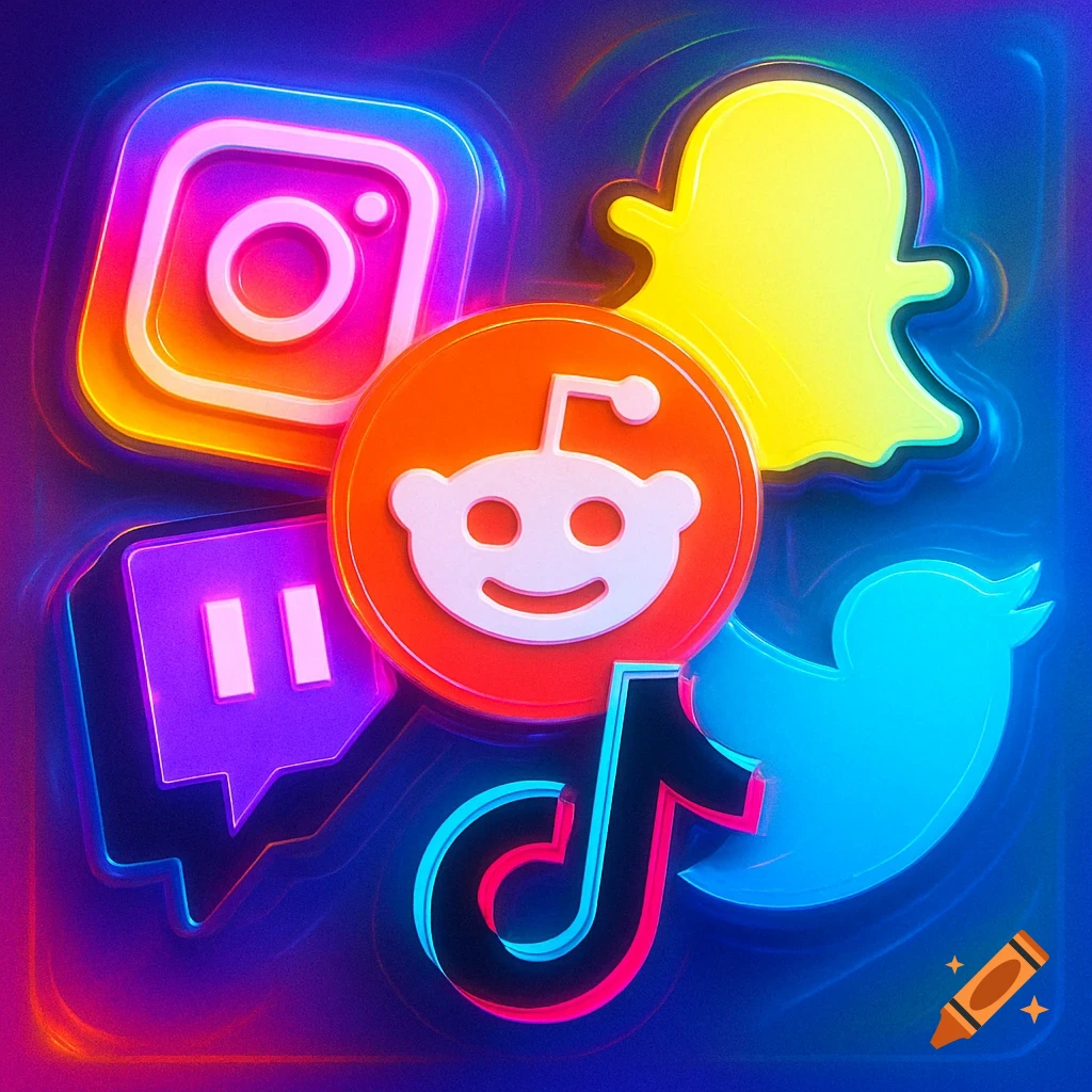 A vibrant, neon-lit collage of social media logos including Instagram, Snapchat, Reddit, Twitch, TikTok, and Twitter.