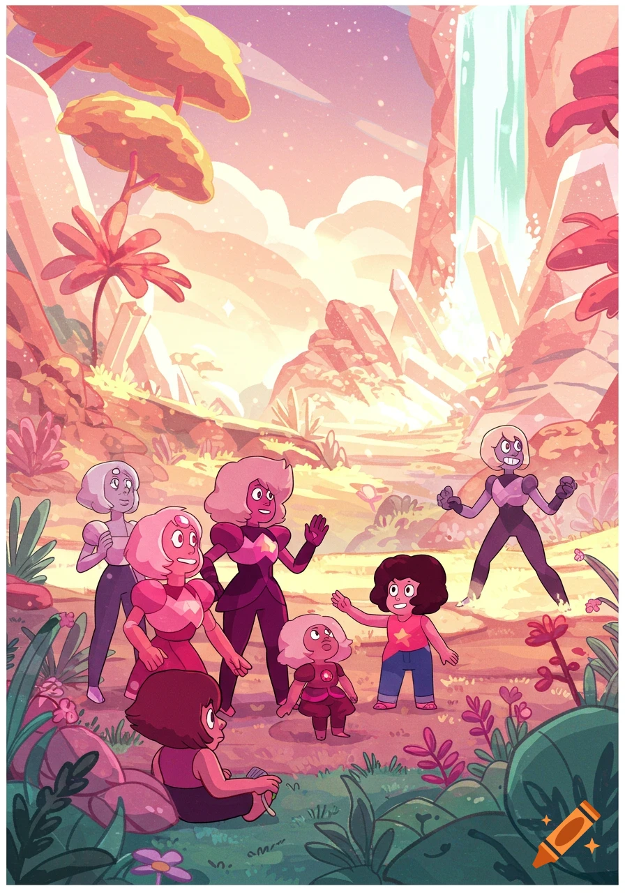 Group of Steven Universe characters including Steven and various gems in a vibrant, crystalline landscape with a waterfall.
