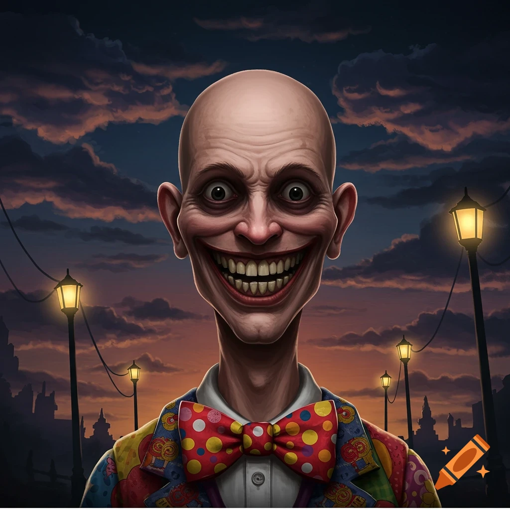A stylized, unsettling bald man with a wide, toothy smile and large eyes, in a colorful bow tie and jacket, against a dusk sky with streetlights.
