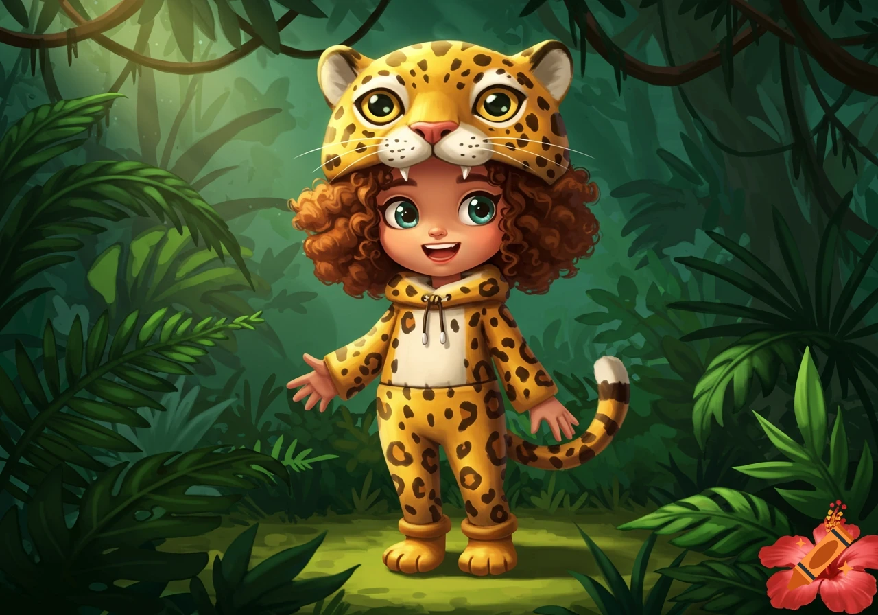 A cute cartoon child in a leopard costume stands smiling in a vibrant jungle with large green leaves and a red hibiscus flower.