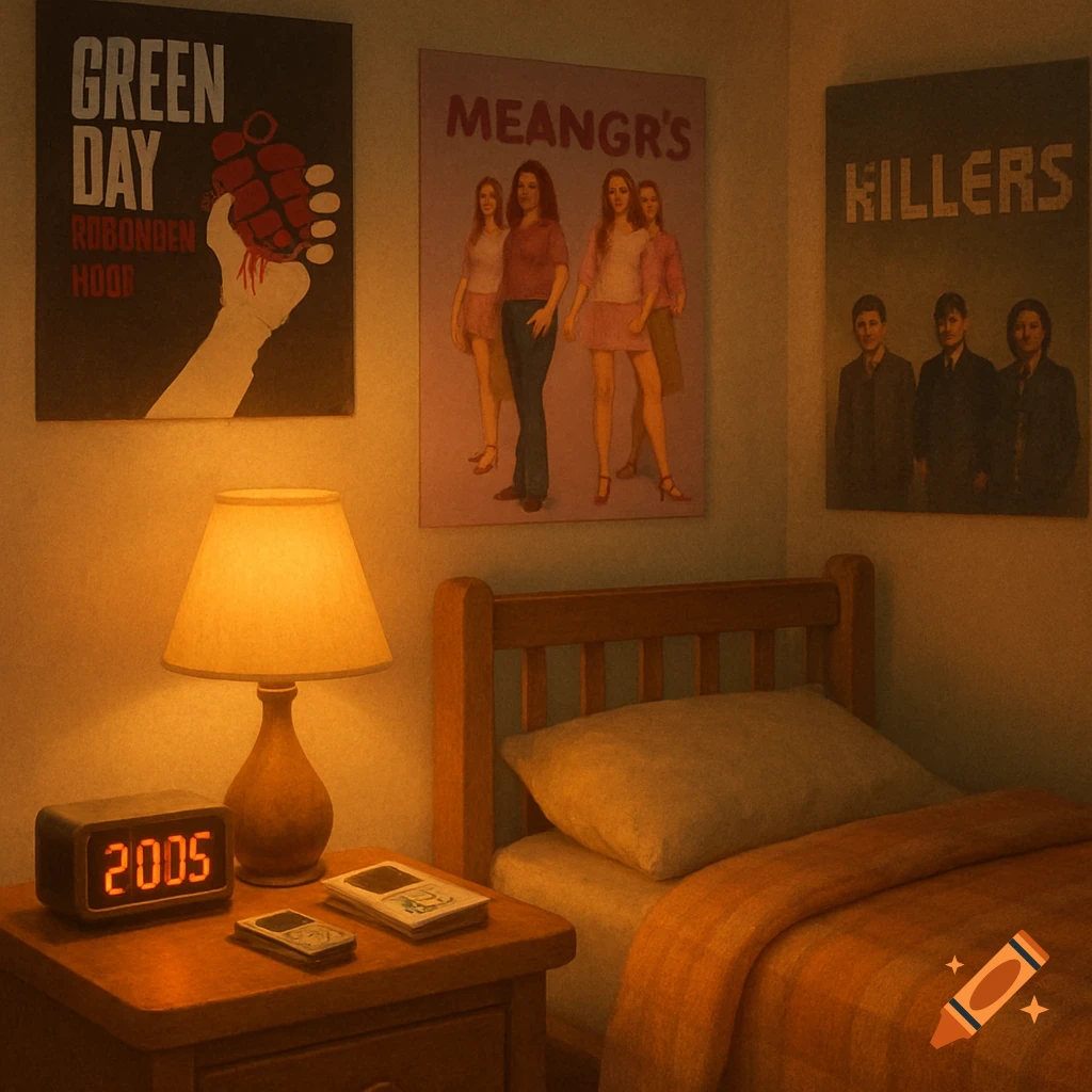 A cozy bedroom at night with a warm glow from a bedside lamp, an alarm clock showing "2005", and music posters on the walls. Early 2000s nostalgic style.