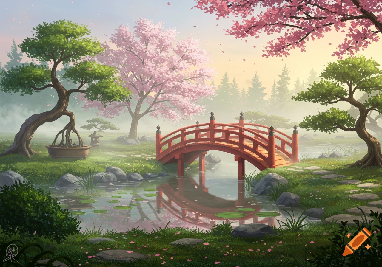 A serene painting of a Japanese garden with a red arched bridge over a pond, surrounded by pink cherry blossom trees and green foliage.