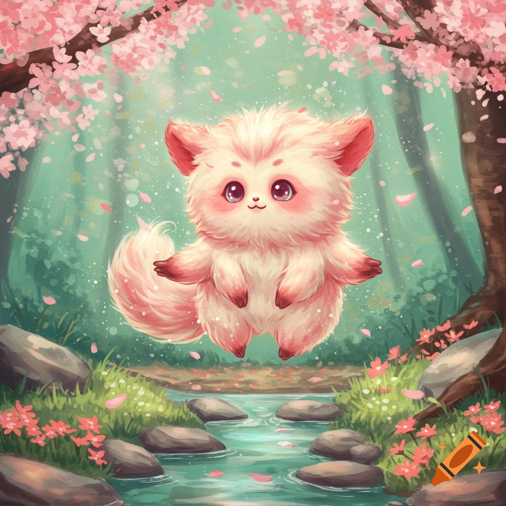 A fluffy pink creature with big eyes floats above a stream amidst falling cherry blossom petals in a whimsical forest.