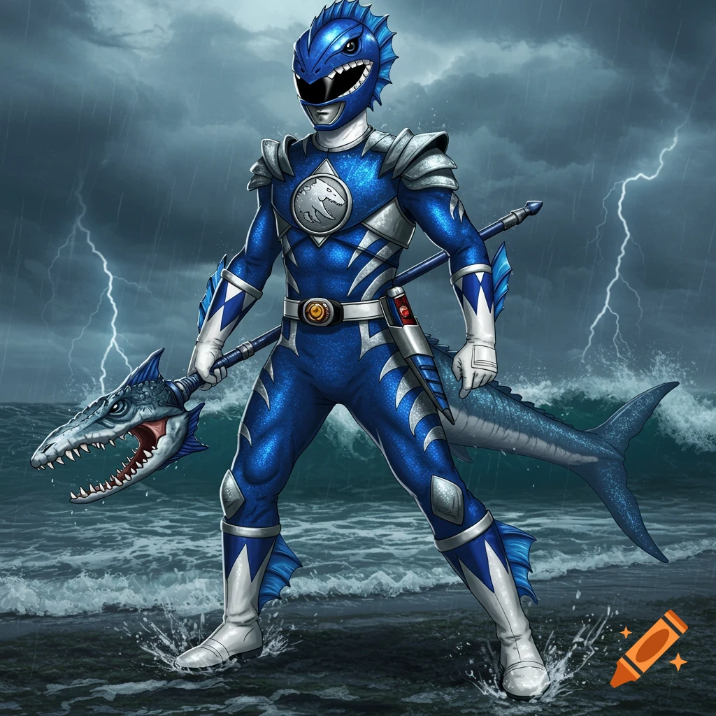 A blue Mosasaurus-themed Power Ranger stands in a stormy ocean with lightning, holding a spear.