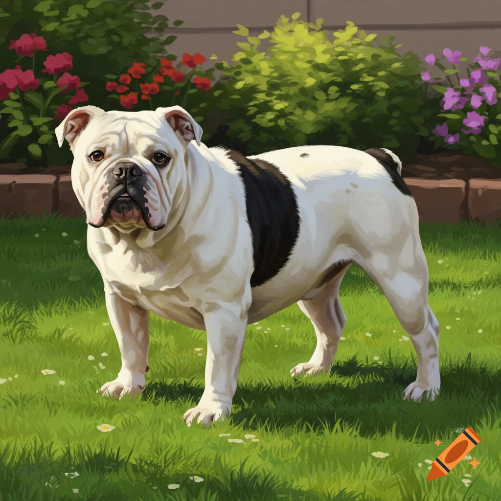 A white and black bulldog stands in a green garden with colorful flowers and bushes in a painterly style.