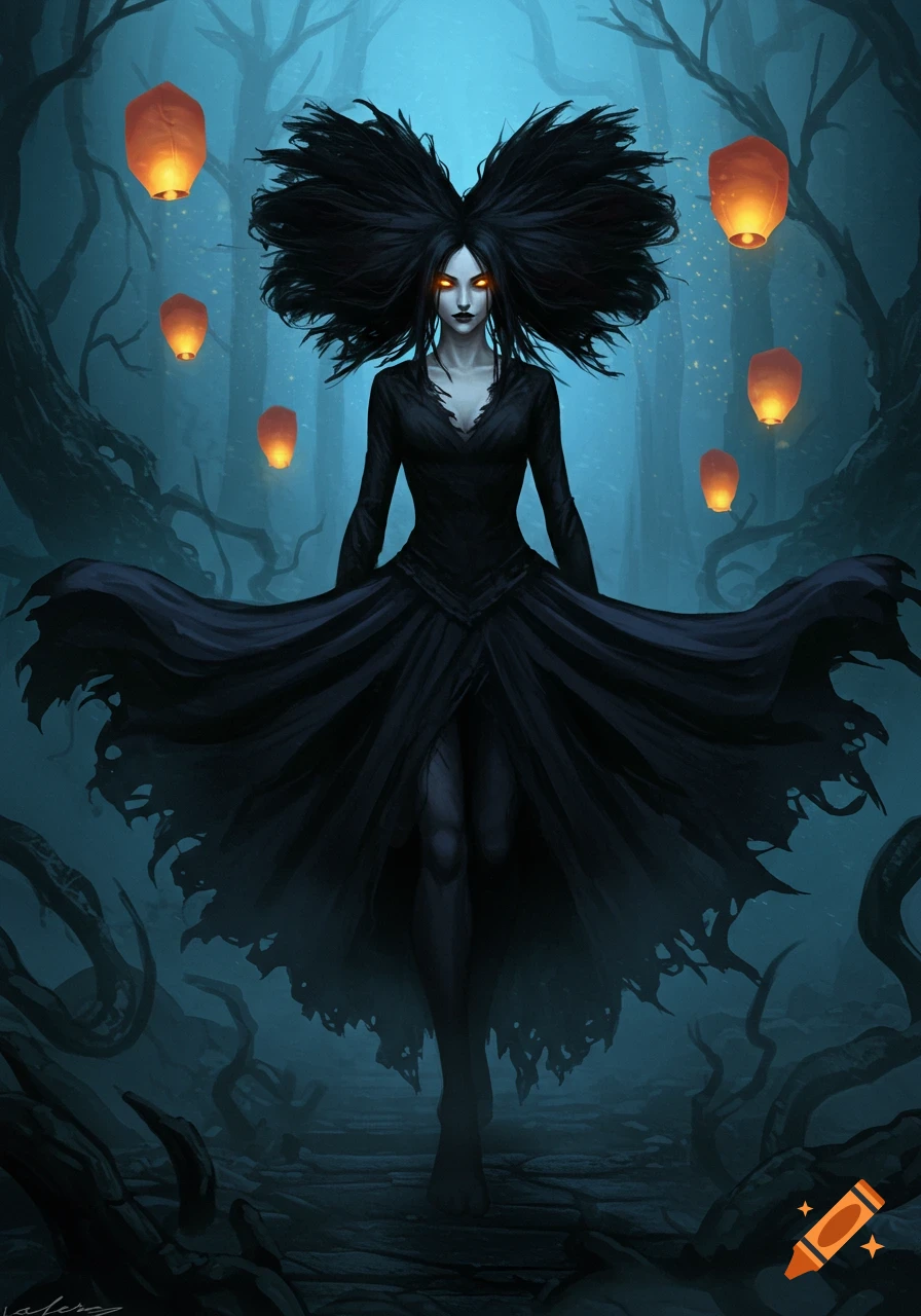 A pale, scary woman with glowing eyes and wild dark hair stands in a misty forest, wearing a flowing black dress, surrounded by orange floating lanterns.